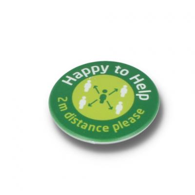 Image of HAPPY TO HELP SOCIAL DISTANCING DBASE BADGE - 45MM CIRCLE